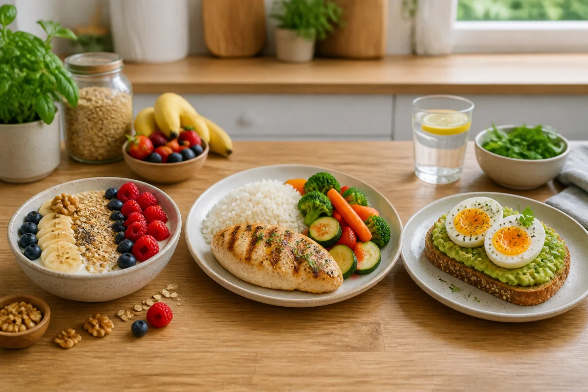Alimentation après le sport : yaourt aux fruits, poulet avec riz et légumes, tartine d’avocat aux œufs