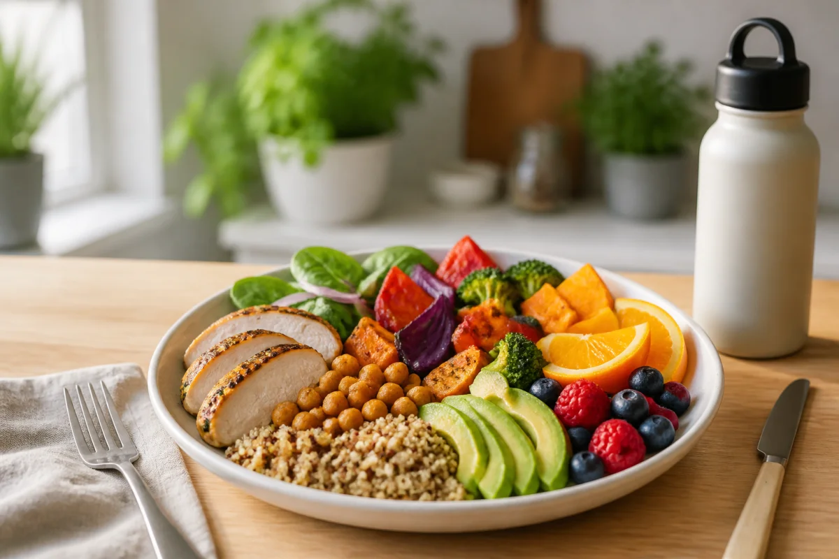 Assiette équilibrée d’alimentation après le sport avec céréales complètes, légumes colorés, protéine maigre et fruits frais