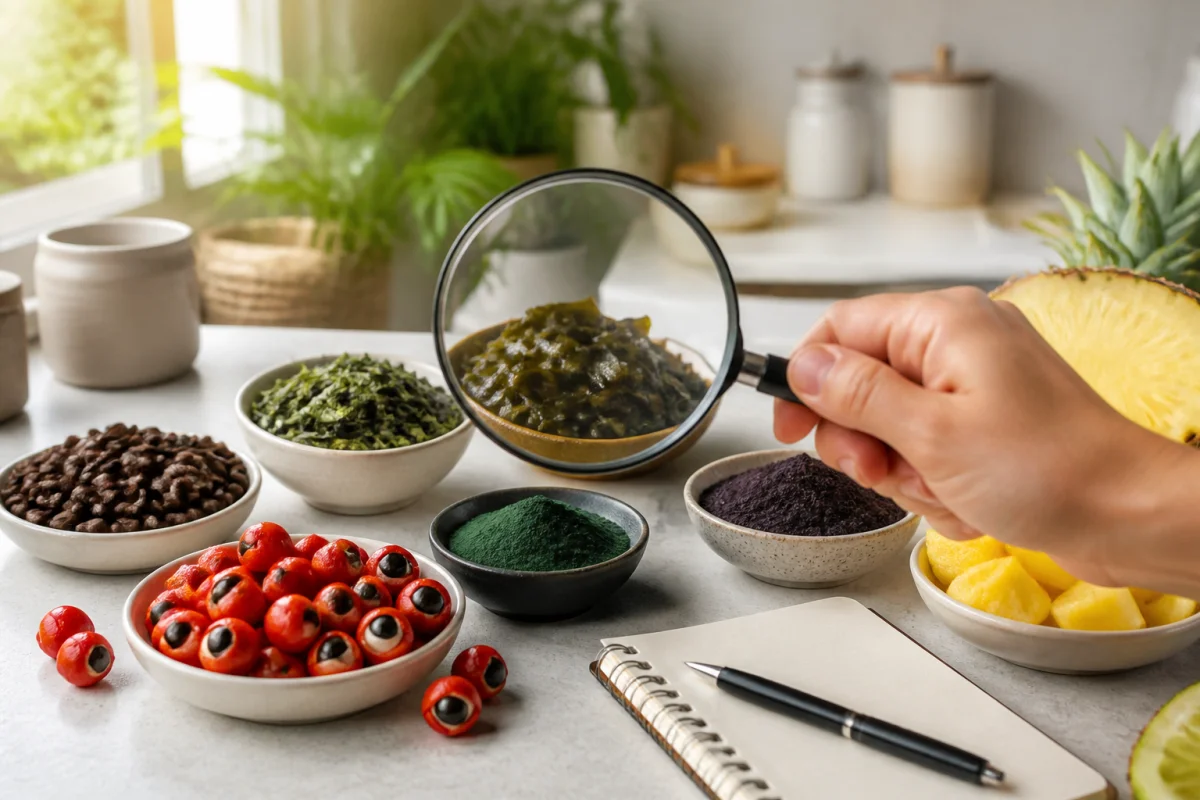 Avis produit perte de poids : ingrédients de compléments examinés à la loupe dans une cuisine lumineuse