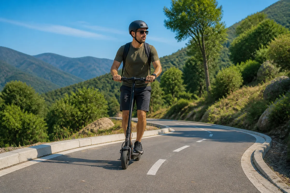 Balade sportive en trottinette électrique sur une piste cyclable vallonnée, conducteur casqué abordant un virage sereinement