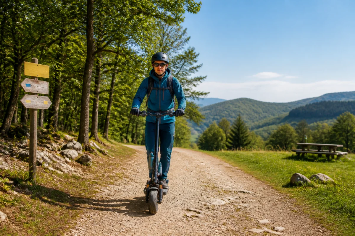 Balade sportive en trottinette électrique tout-terrain sur un chemin rural, entre forêt et collines douces