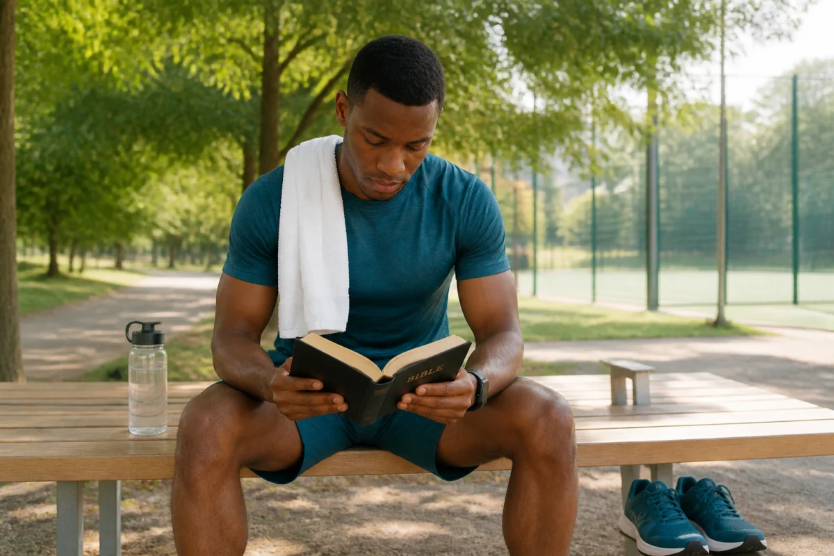 Sportif en tenue bleu pétrole lisant une Bible ouverte après l’effort dans un parc verdoyant