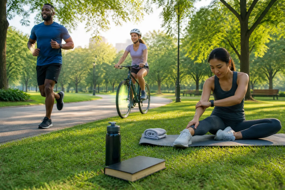 Bible et sport dans la vie quotidienne : groupe diversifié courant, pédalant et s’étirant dans un parc matinal.