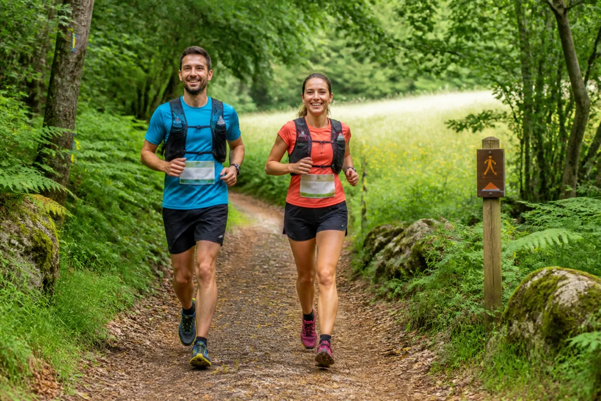 Deux coureurs sur un sentier forestier accessible, une image idéale pour le calendrier des trails
