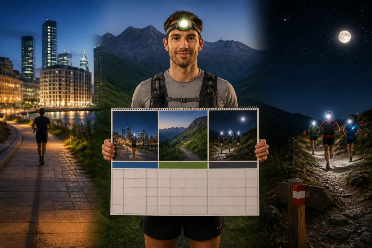 Coureur de trail devant un calendrier illustrant des parcours nocturnes, urbains et montagneux pour le calendrier des trails