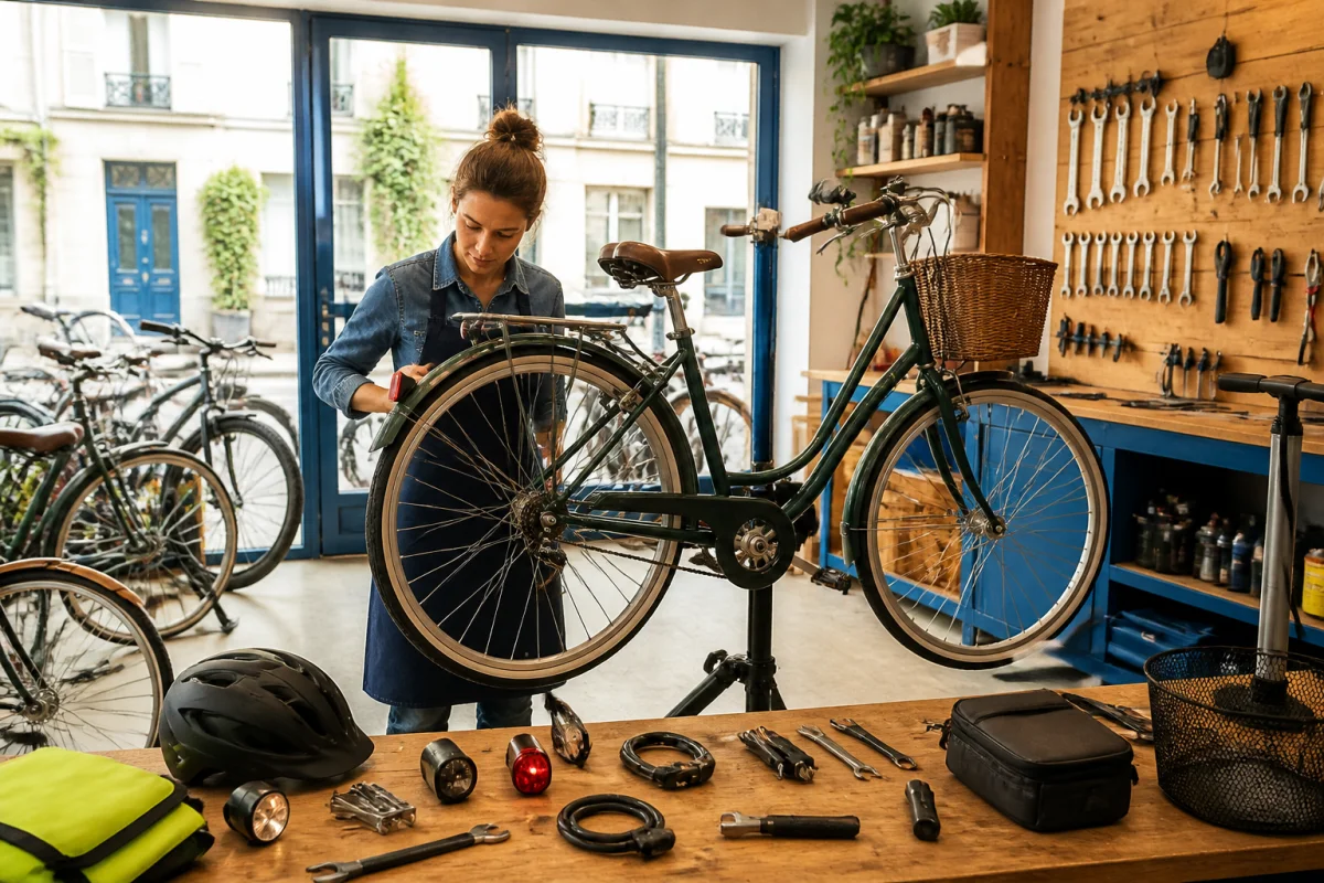 Mécanicienne Cool Bike examinant un vélo urbain dans un atelier lumineux à Bordeaux, entourée d’accessoires et d’outils
