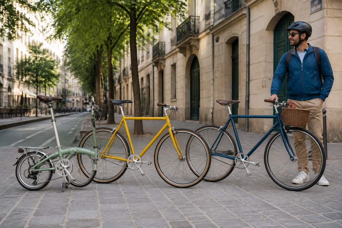 Cool Bike présente trois vélos urbains — pliant, fixie et singlespeed — dans une rue de Bordeaux.