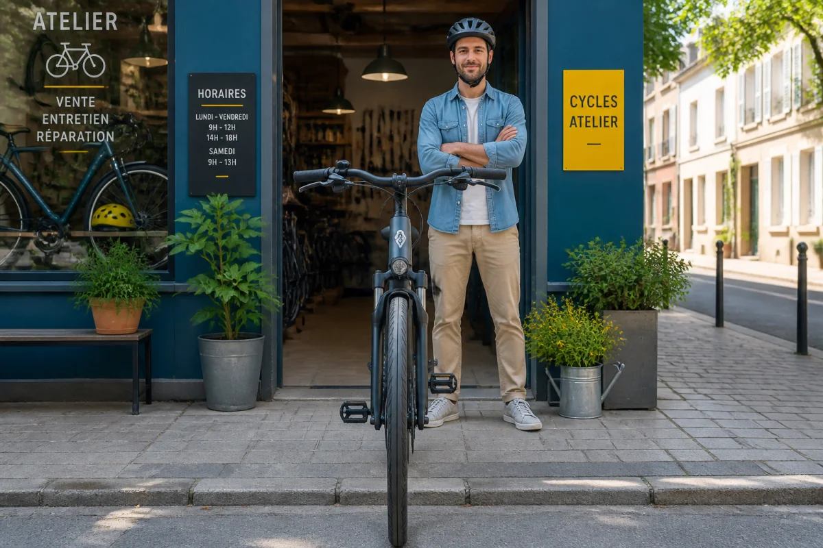 Cycles Delcayre, atelier de cycles indépendant avec vélo moderne et cycliste devant une vitrine lumineuse
