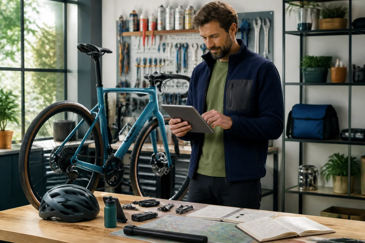 Cycliste préparant son projet chez Cycles Delcayre, consultant une tablette dans un atelier de vélos moderne et organisé