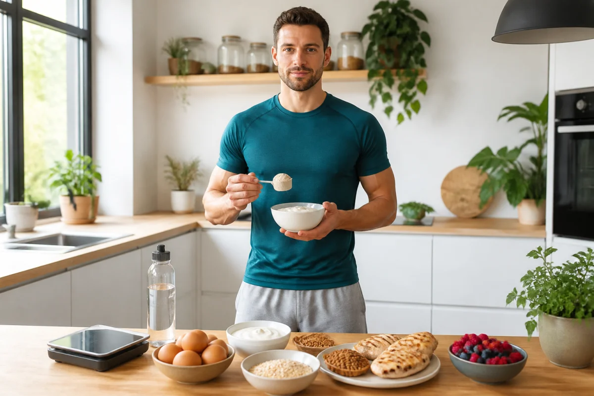 Homme athlétique tenant un bol de fromage blanc et une dose de protéines dans une cuisine lumineuse