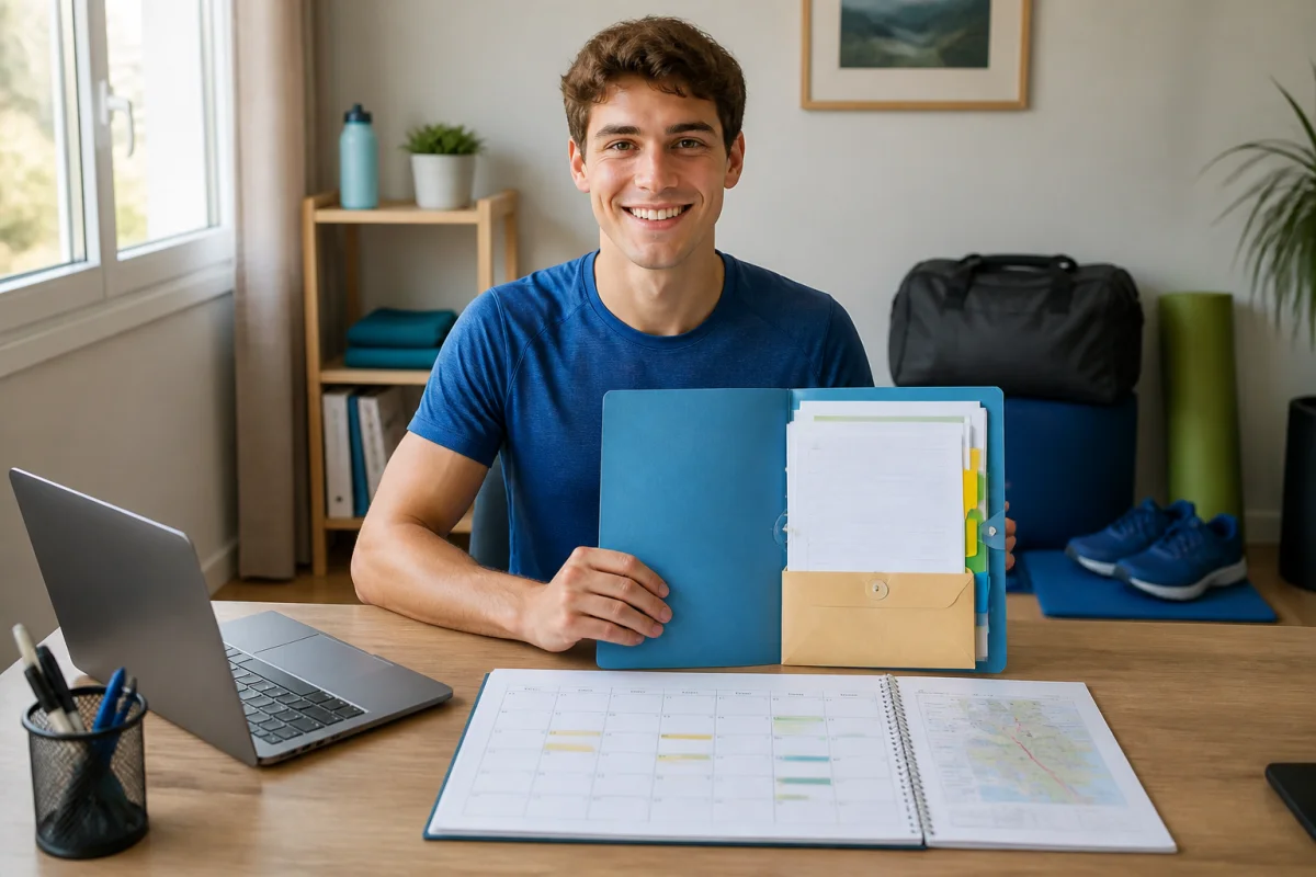 Étudiant sportif présentant un dossier de location organisé avec calendrier d’entraînement et documents administratifs.