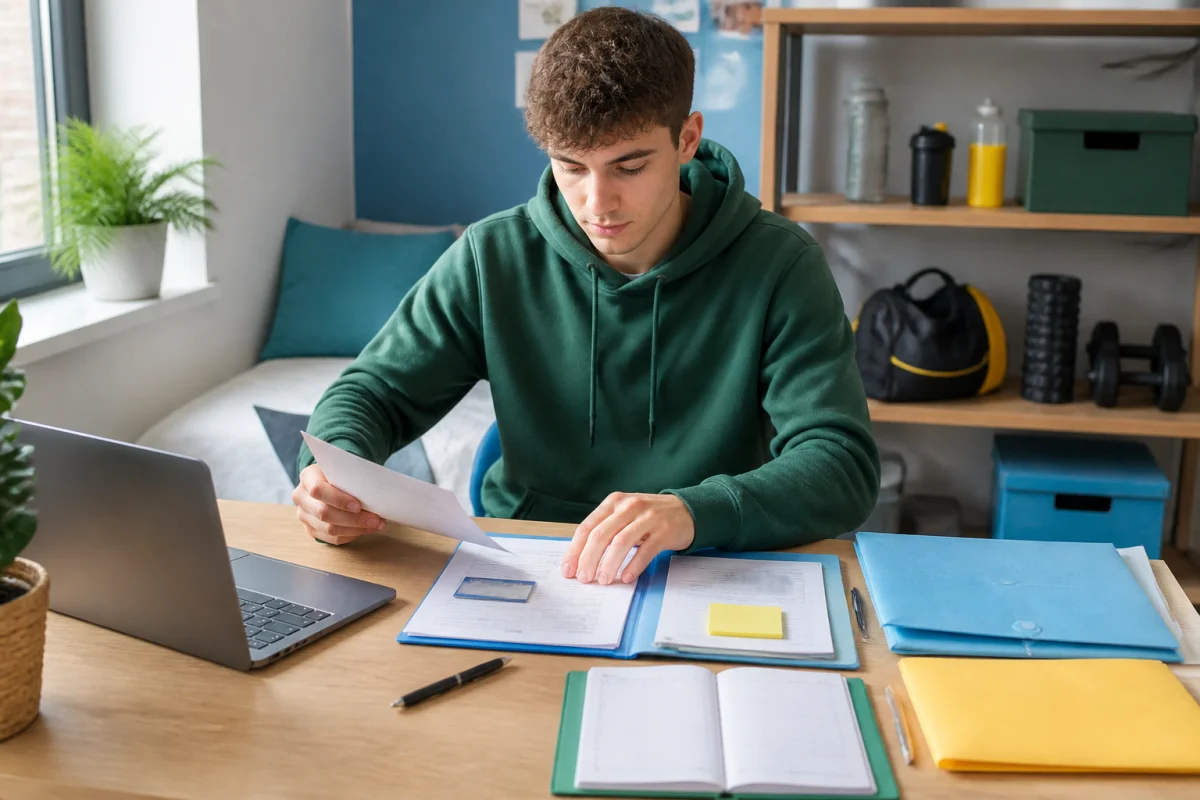 Étudiant sportif préparant son dossier de location, entouré de documents organisés, ordinateur portable et sac de sport