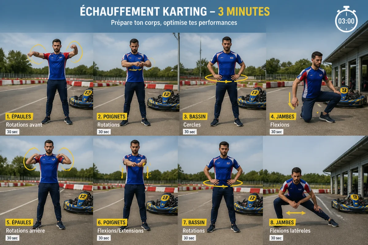 Pilote de karting réalisant un échauffement avant une session de karting près de la piste sécurisée