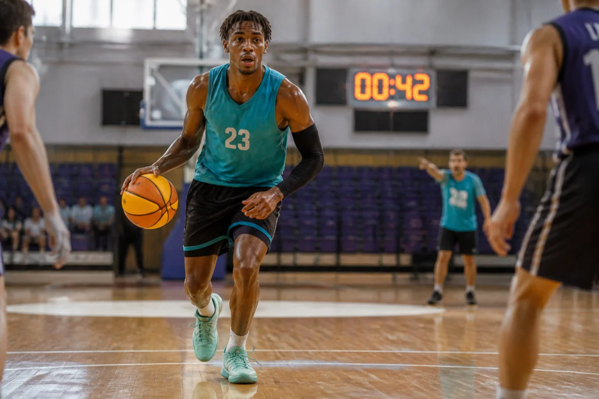 Joueur de basketball concentré, ballon en main, ajuste une passe décisive dans un gymnase, illustrant un récit sportif captivant.