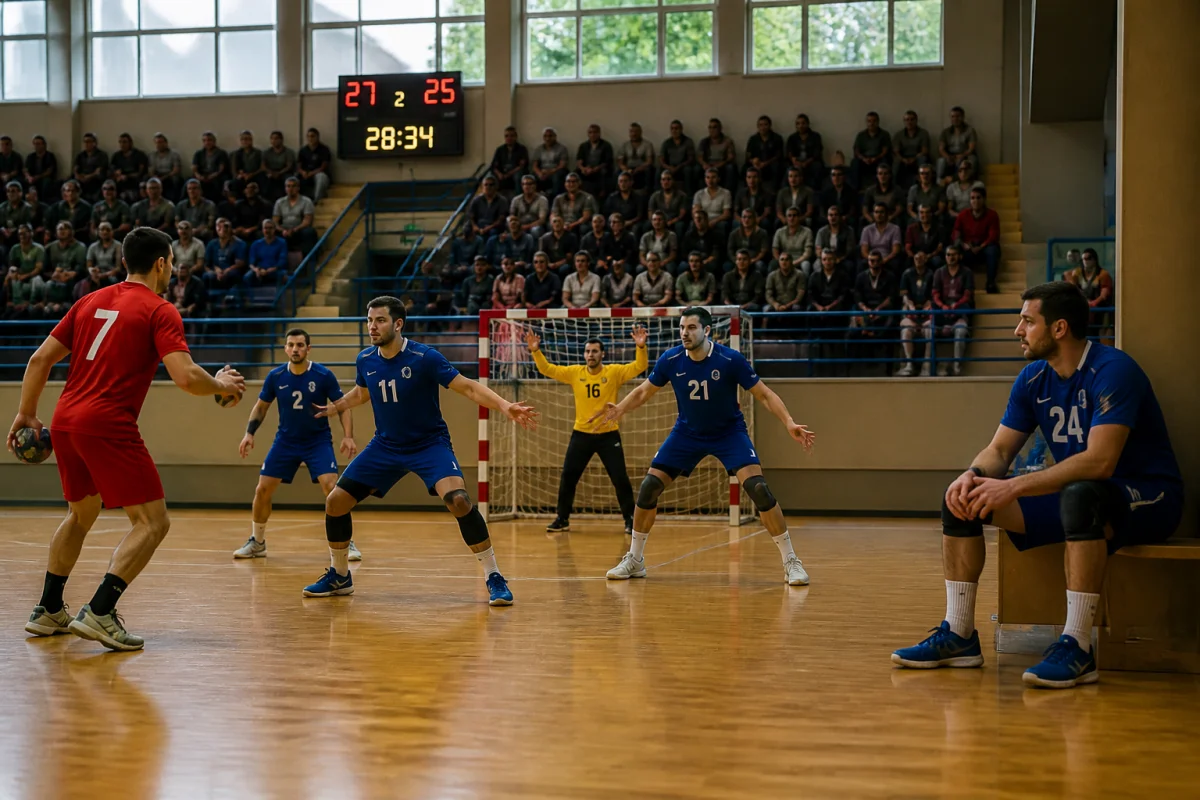 Équipe sportive en défense, légère avance au tableau, meilleur défenseur assis sur le banc dans les dernières minutes du match