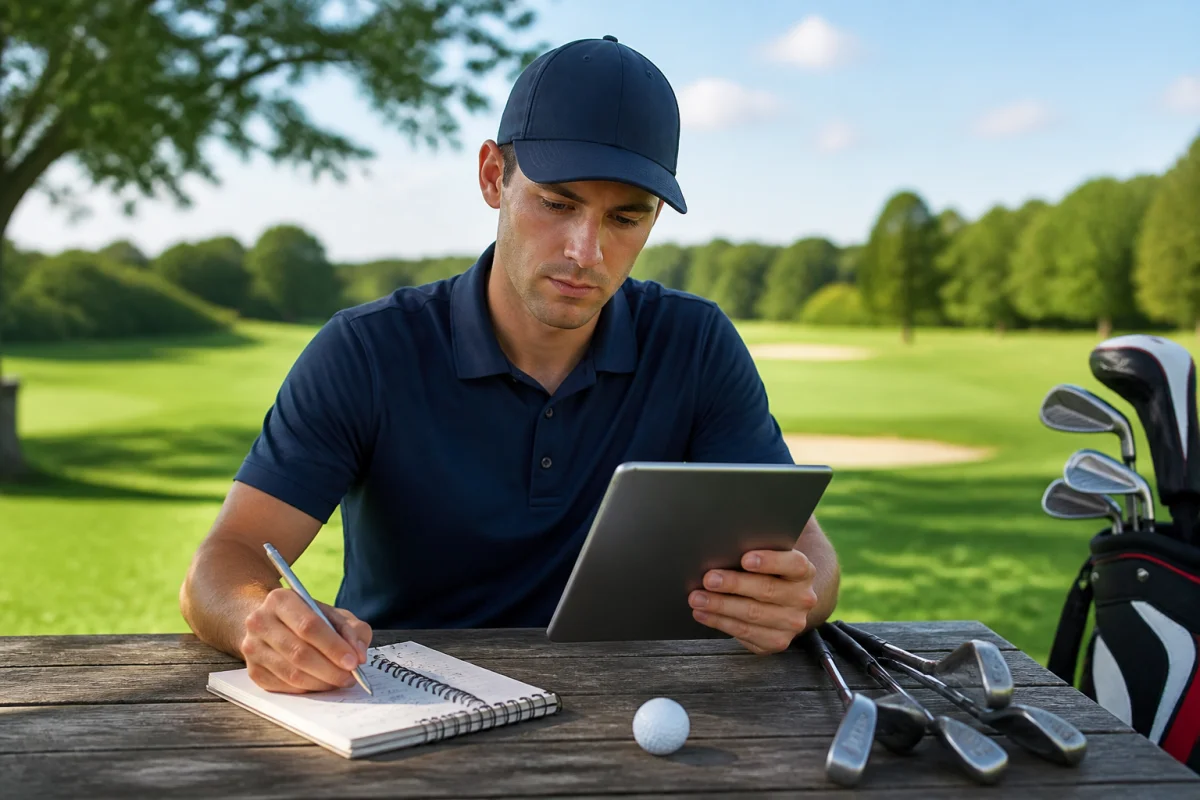 Golfeur amateur au Golf de Morte Mart consultant un guide sur tablette et prenant des notes dans un carnet.