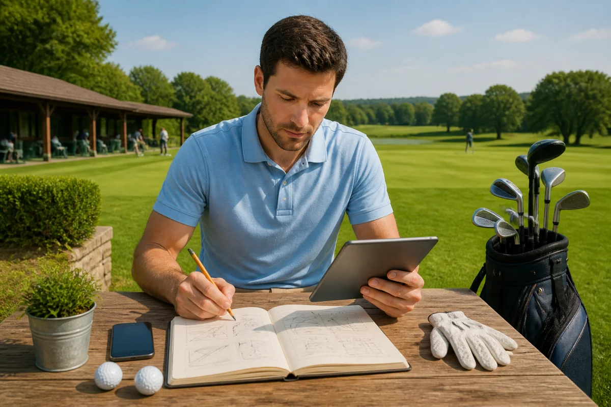 Golfeur amateur préparant sa pratique au Golf de Morte Mart avec carnet, tablette et clubs devant un parcours verdoyant