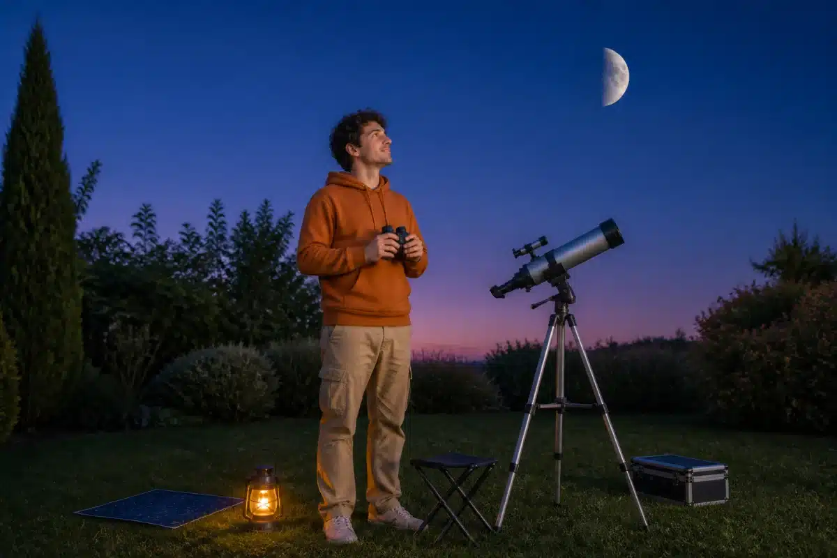 Observation de la lune pour débutants : personne observant un premier quartier avec jumelles et lunette astronomique dans un jardin.