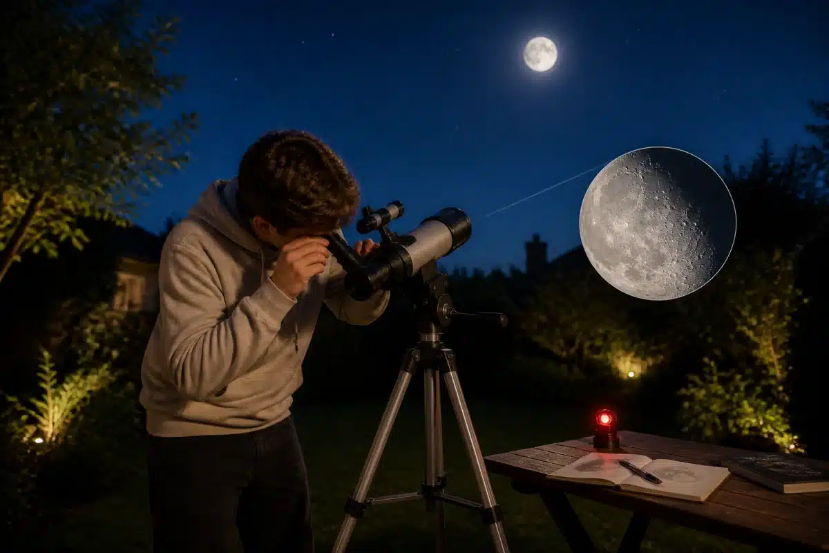 Observation de la lune pour débutants avec une lunette astronomique, un carnet et des cratères visibles dans l’oculaire.