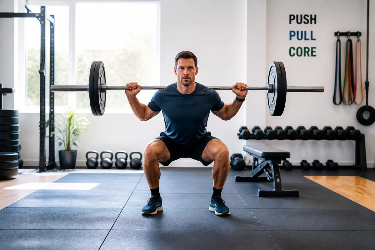 Sportif réalisant un squat avec barre en salle, illustrant la préparation physique pour sportifs et une technique maîtrisée
