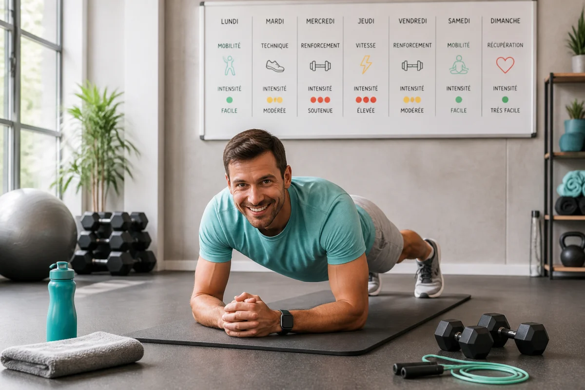 Sportif réalisant un gainage en salle, illustrant une préparation physique équilibrée avec mobilité, renforcement et récupération