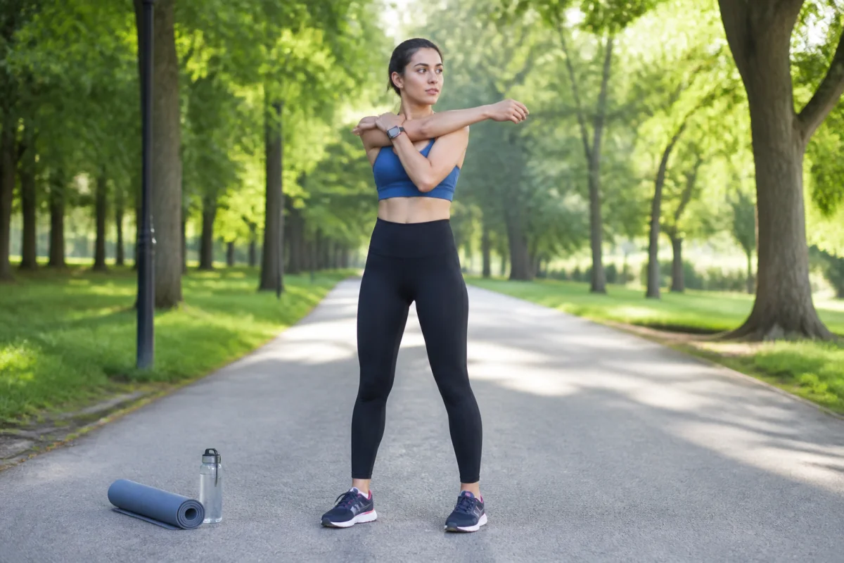 Personne en tenue de sport pratiquant des étirements dynamiques dans un parc avant la reprise du sport