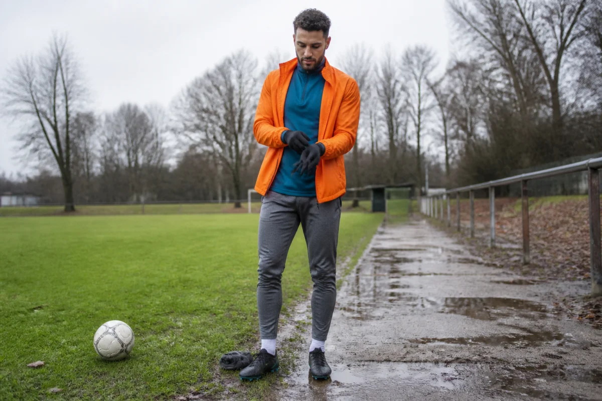 Sportive ajustant ses gants avant de préparer un match en hiver sur un terrain extérieur humide