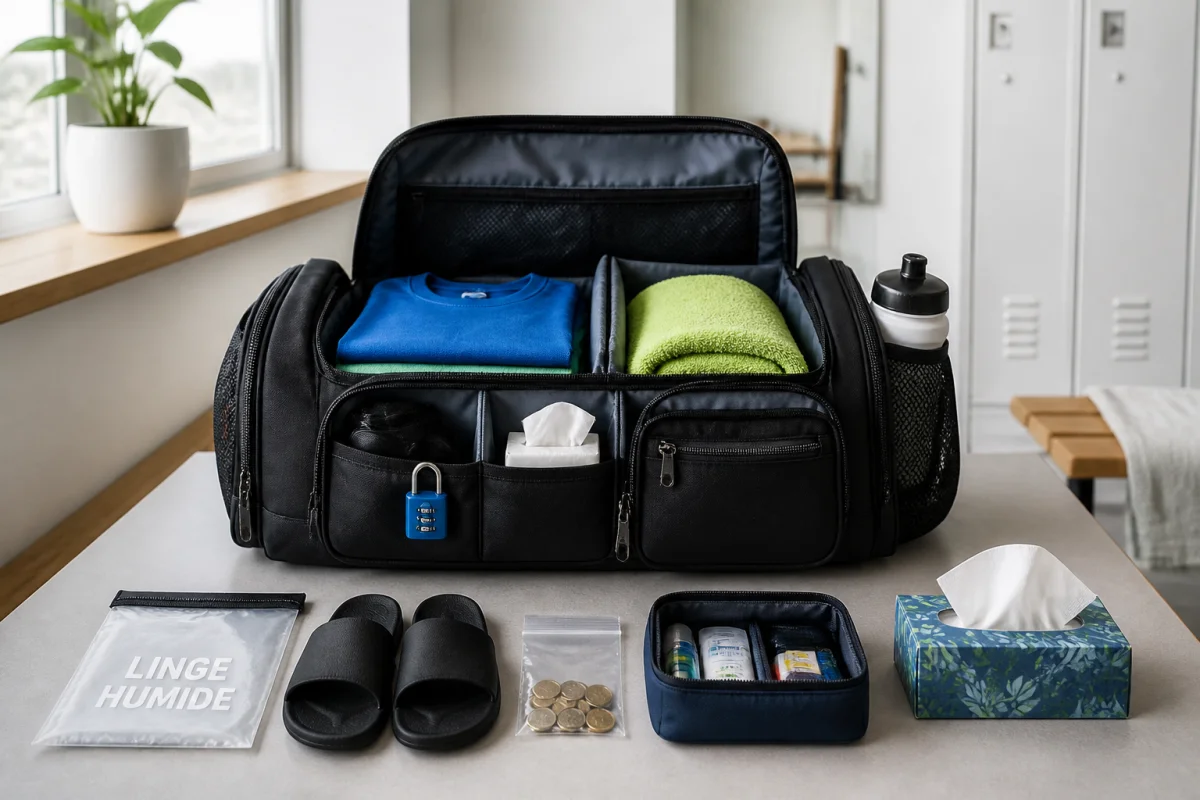 Sac de sport ouvert et organisé avant entraînement, avec tenue, serviette, gourde, cadenas, claquettes et linge humide.