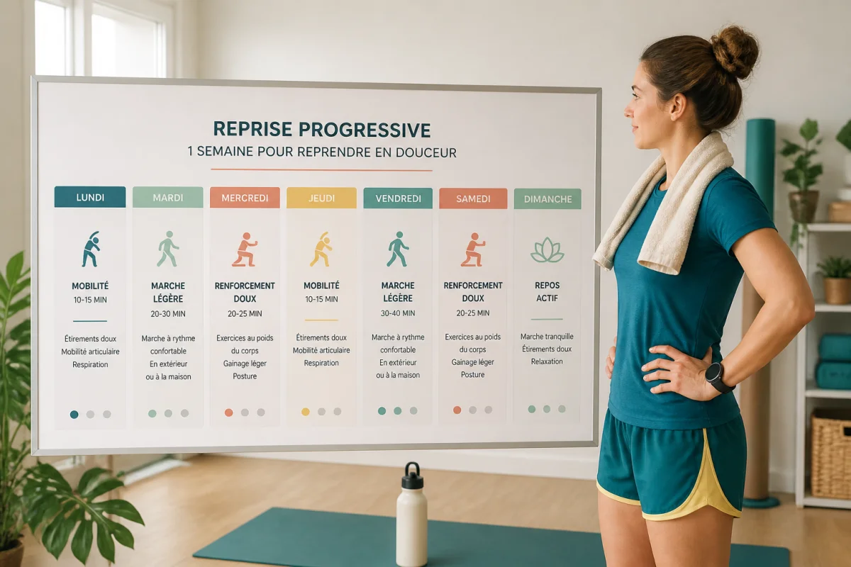 Personne en tenue de sport consultant un planning de reprise progressive avec mobilité, marche légère et renforcement doux