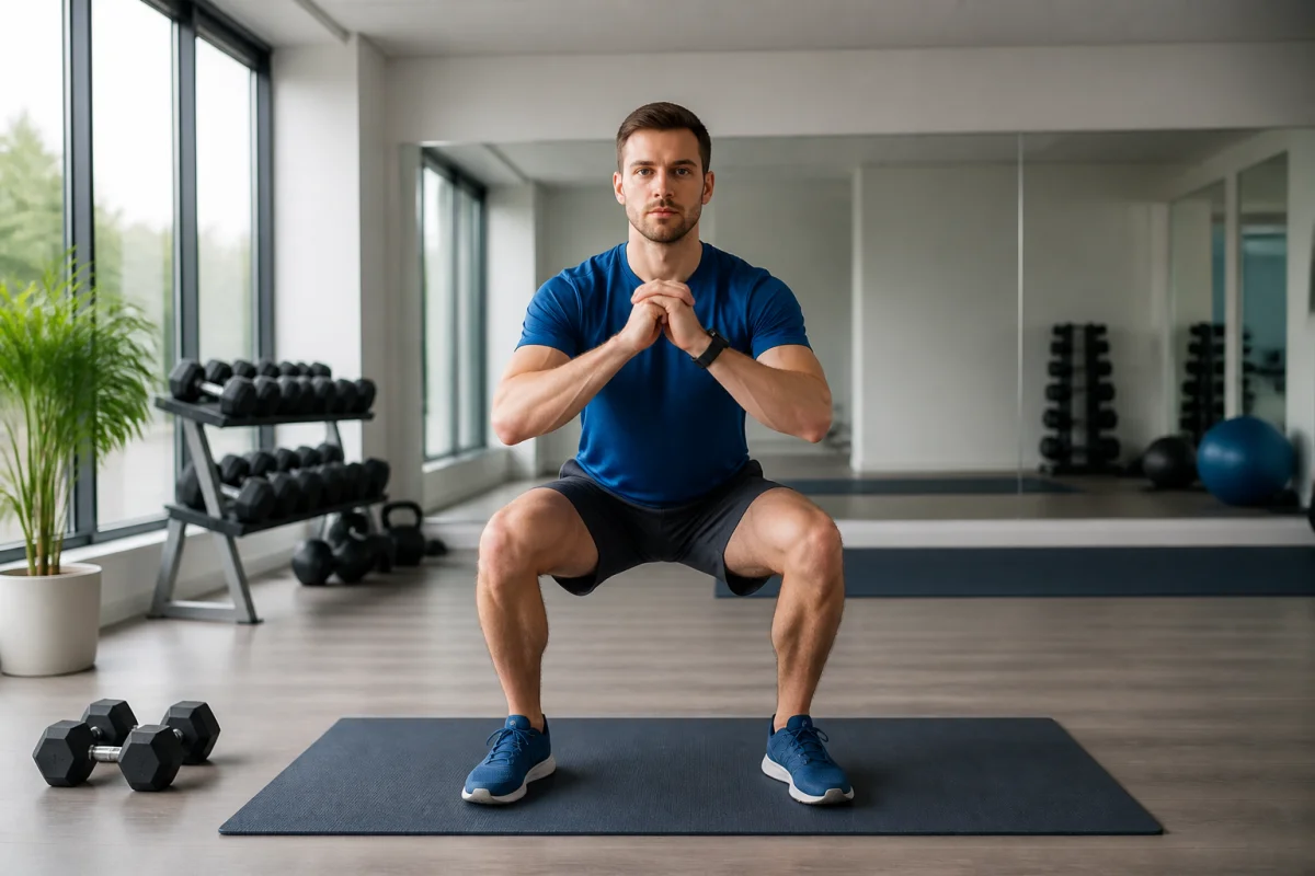 Débutant réalisant un squat correct dans une salle de sport lumineuse, illustrant un programme d’entraînement pour débutant