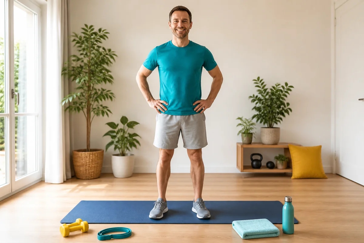 Débutant en tenue turquoise près d’un tapis, d’haltères légers et d’accessoires pour un programme d’entraînement à domicile