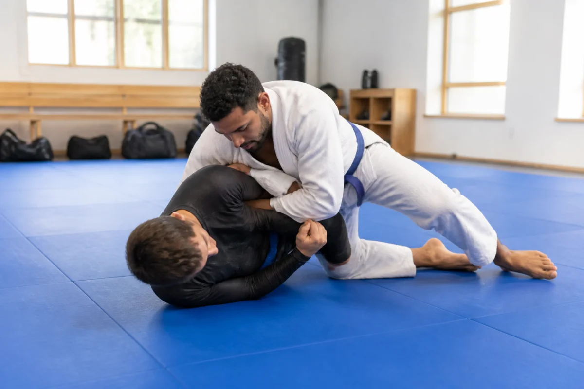 Deux pratiquants de jiu-jitsu brésilien s’entraînent au sol dans la salle Punch Club sur des tatamis bleus