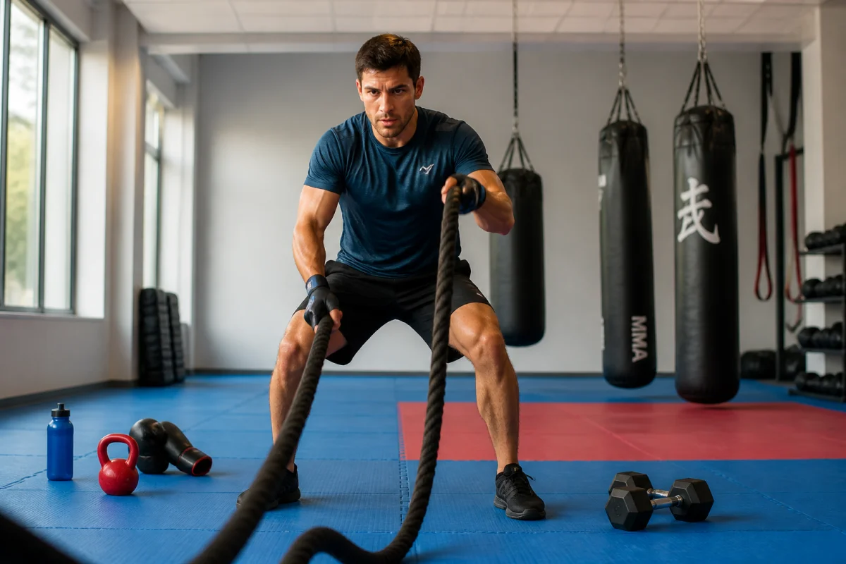 Punch Club : sportif de combat réalisant un exercice de corde ondulatoire dans une salle d’entraînement lumineuse