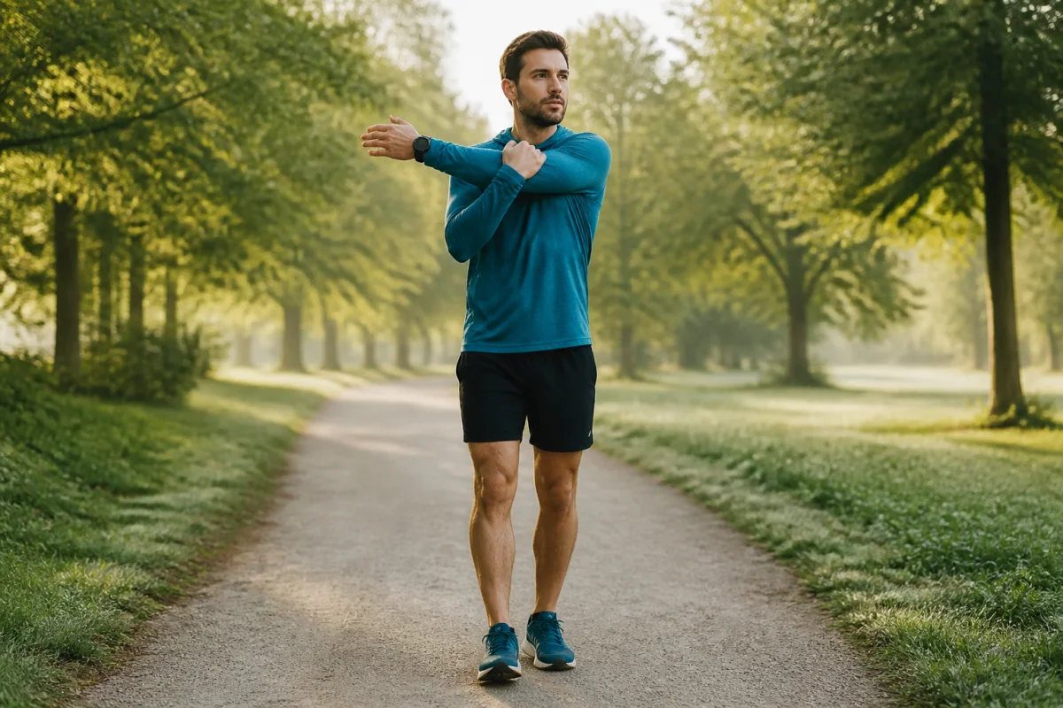 Sportif pratiquant des étirements doux dans un parc verdoyant pour favoriser la récupération après effort sportif