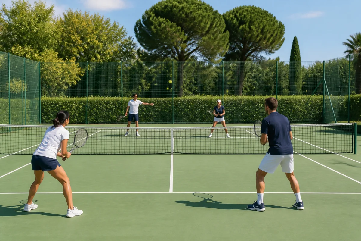 Match de tennis en double pour débutants, joueurs positionnés au filet et au fond d’un court extérieur délimité