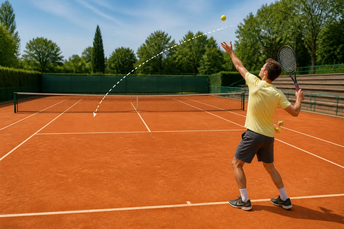 Joueur débutant servant derrière la ligne de fond, seconde balle en main sur court en terre battue pour apprendre les règles du tennis