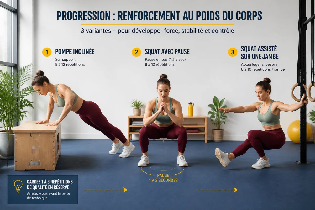 Progression de renforcement musculaire au poids du corps : pompe inclinée, squat en pause et squat assisté sur une jambe.
