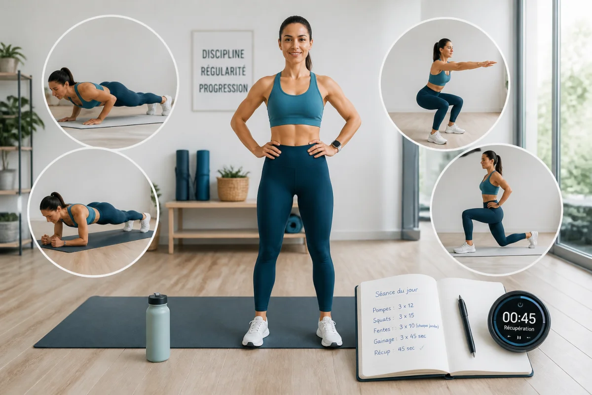 Séance de renforcement musculaire au poids du corps avec pompes, squats, fentes et gainage dans une pièce lumineuse.