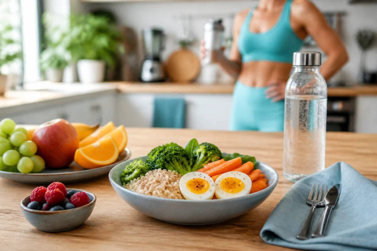 Repas équilibré de récupération après effort sportif avec riz complet, légumes colorés, œufs, fruits frais et bouteille d’eau