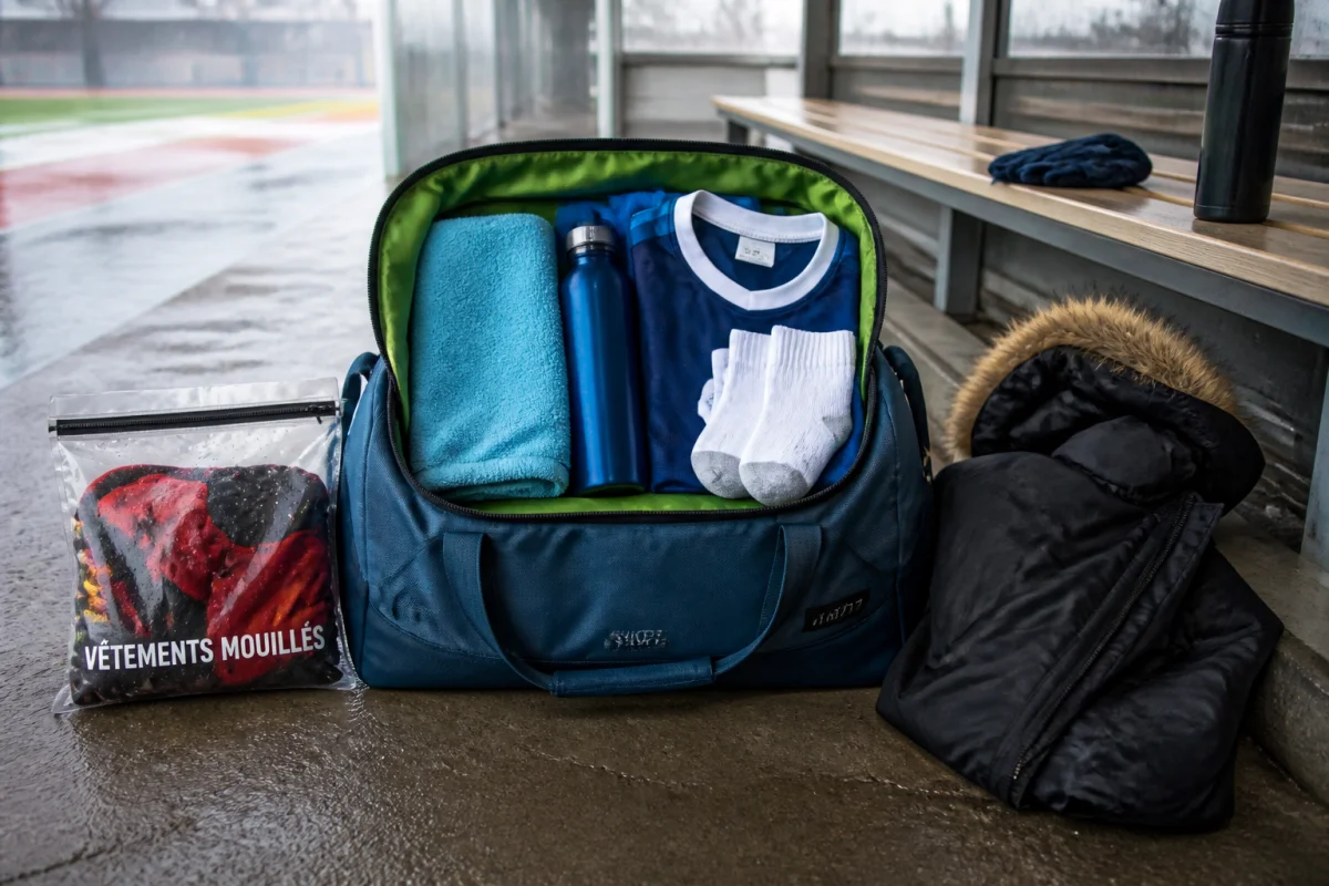 Sac de sport organisé pour préparer un match en hiver, avec vêtements secs, serviette, bouteille et veste chaude.