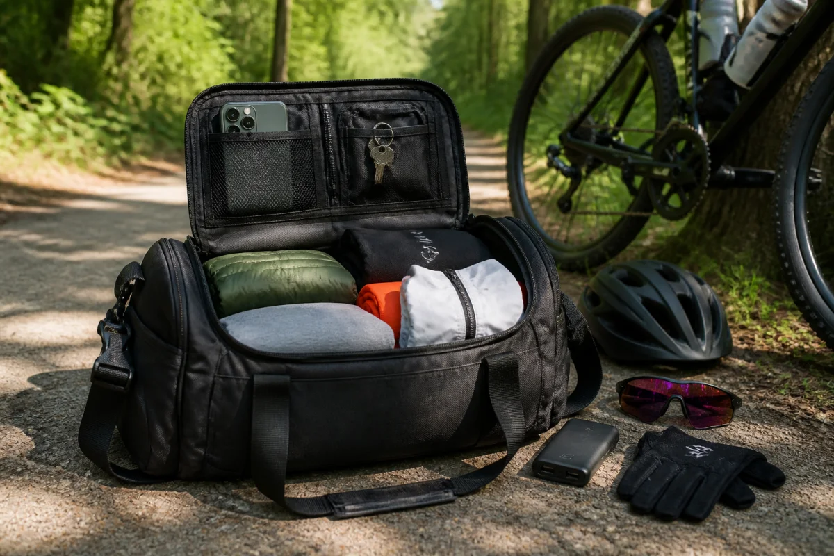 Sac de sport préparé pour l’entraînement vélo avec vêtements, gants, lunettes, veste coupe-vent et batterie externe
