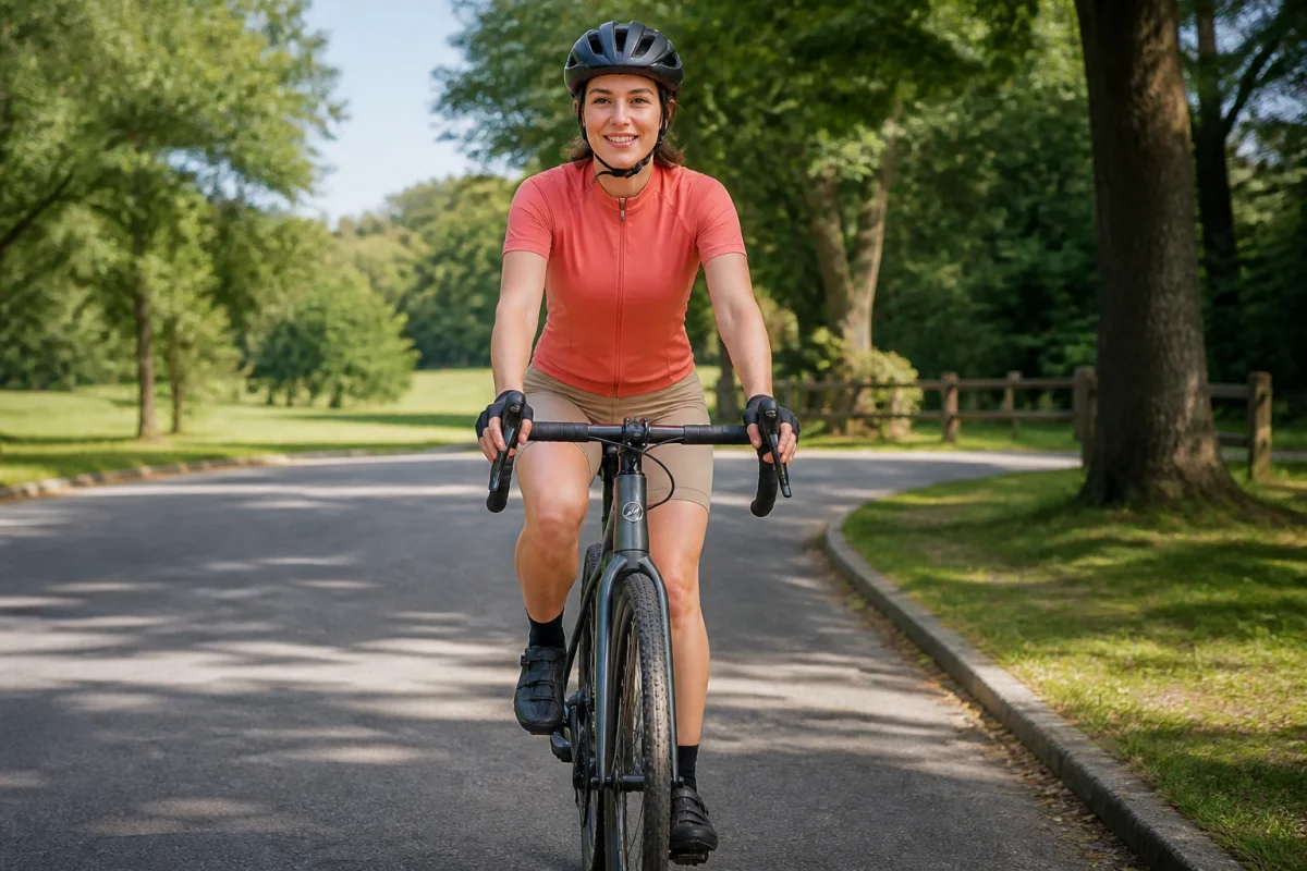 Cycliste débutant sur un vélo gravel moderne, position confortable et mains sur les cocottes, sur une route verdoyante.