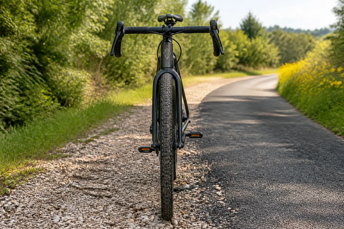 Vélo gravel pour débuter, pneus larges semi-crantés sur chemin alternant gravier et bitume, dans un paysage naturel verdoyant
