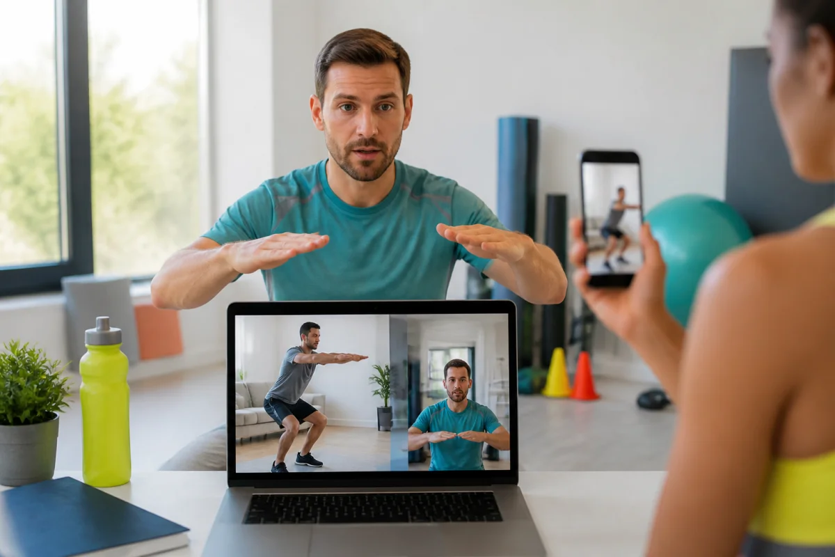 Visioconférence pour entraîneurs sportifs : coach corrigeant un geste technique face à un sportif à l’écran